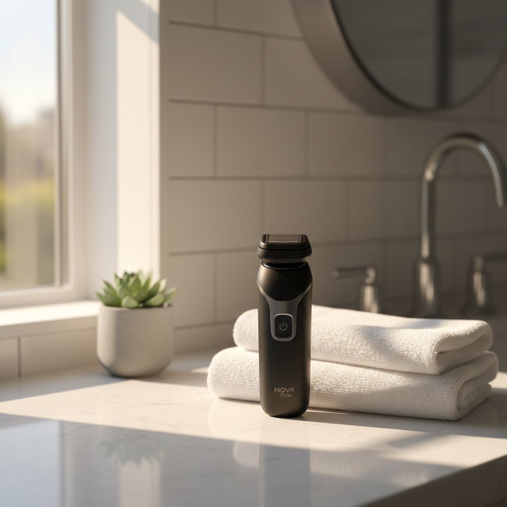 FAMORA Portable Electric Shaver lifestyle photo on bathroom countertop