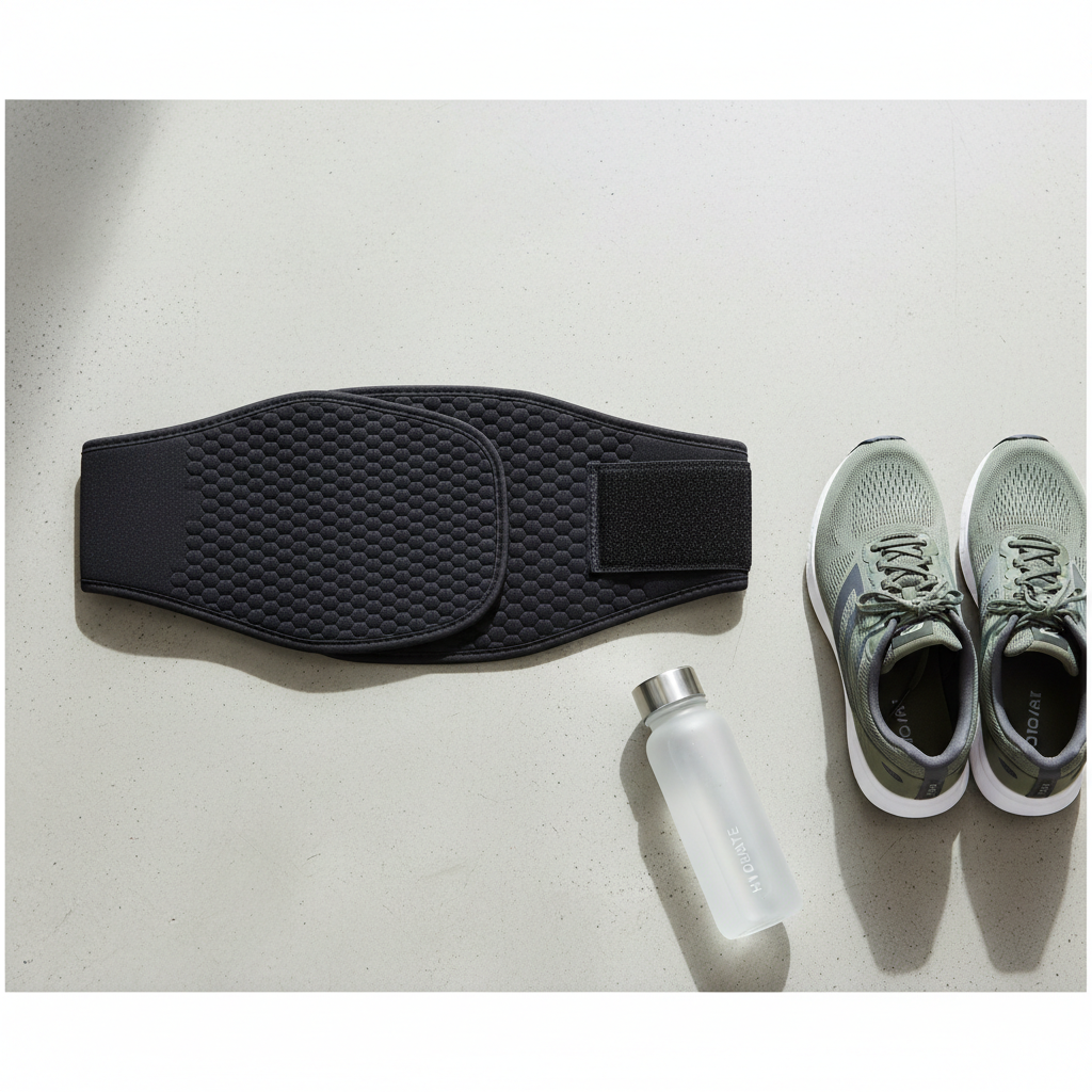 FAMORA Neoprene Waist Support Belt lifestyle photo on gym floor with running shoes